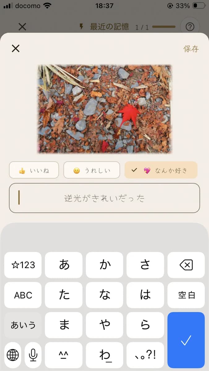 写真に感想を綴る画面:リアクションとひとこと入力